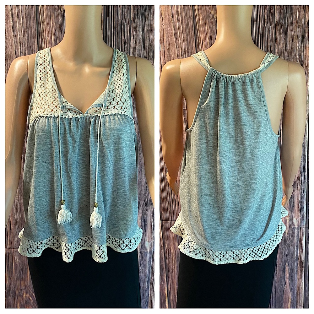 Altar’d State size medium gray & cream colored boho tassel lace summer blouse